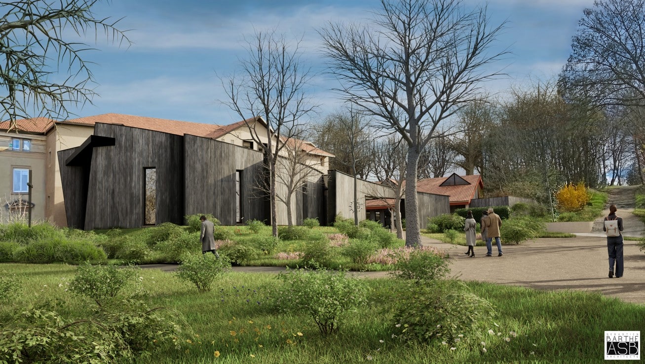 Vue depuis le parking actuel : la chapelle et la cour d'accueil au premier plan